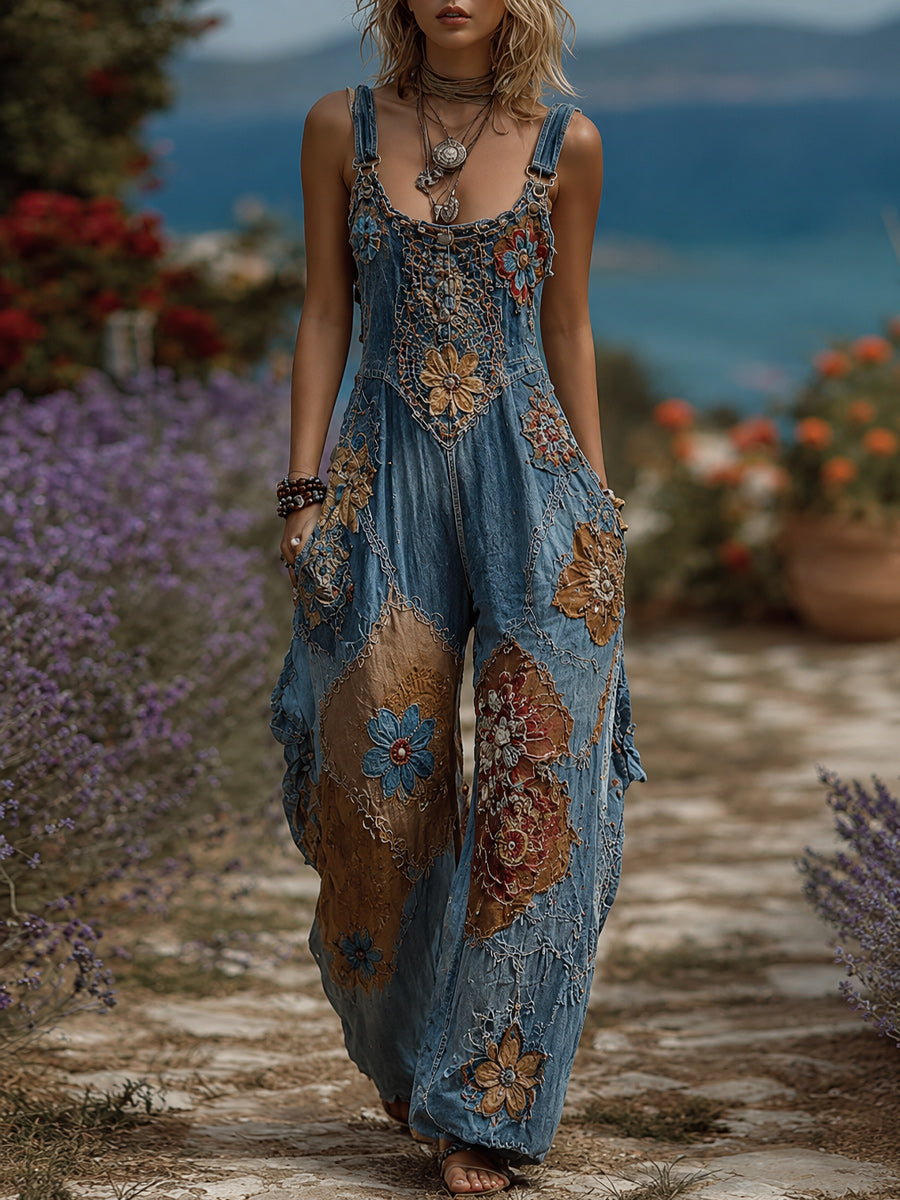 Women's Retro Style Art Print Washed Cotton Denim Patchwork Jumpsuit